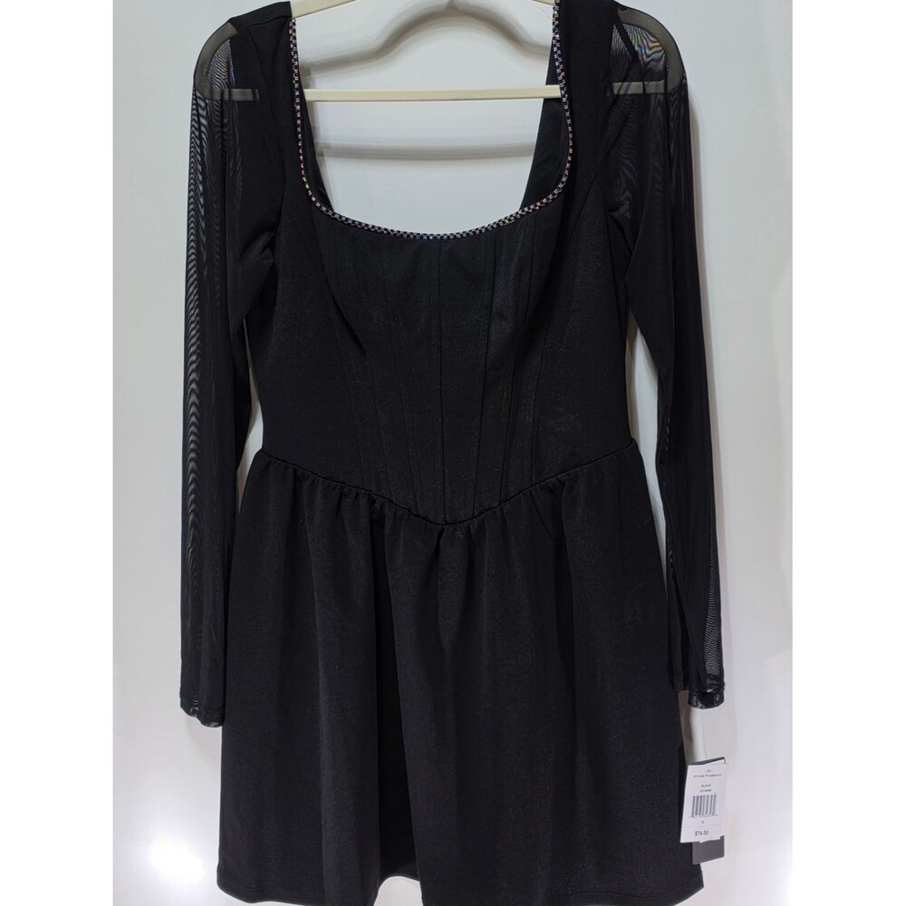 Junior US Size 12 City Triangle Black Long-Sleeve MeshYoke/ Rhinestone Trim